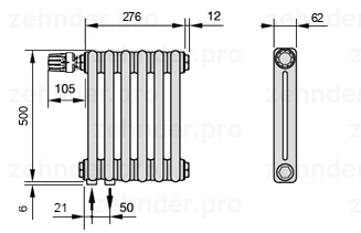 Схема (чертеж) Радиатор Zehnder Charleston 2050/6 №V001 Белый глянцевый RAL 9016